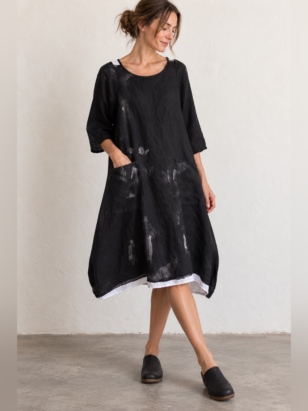 100% Linen 3/4 Sleeve Crewneck Patch Pocket Asymmetric Midi Dress Large Black